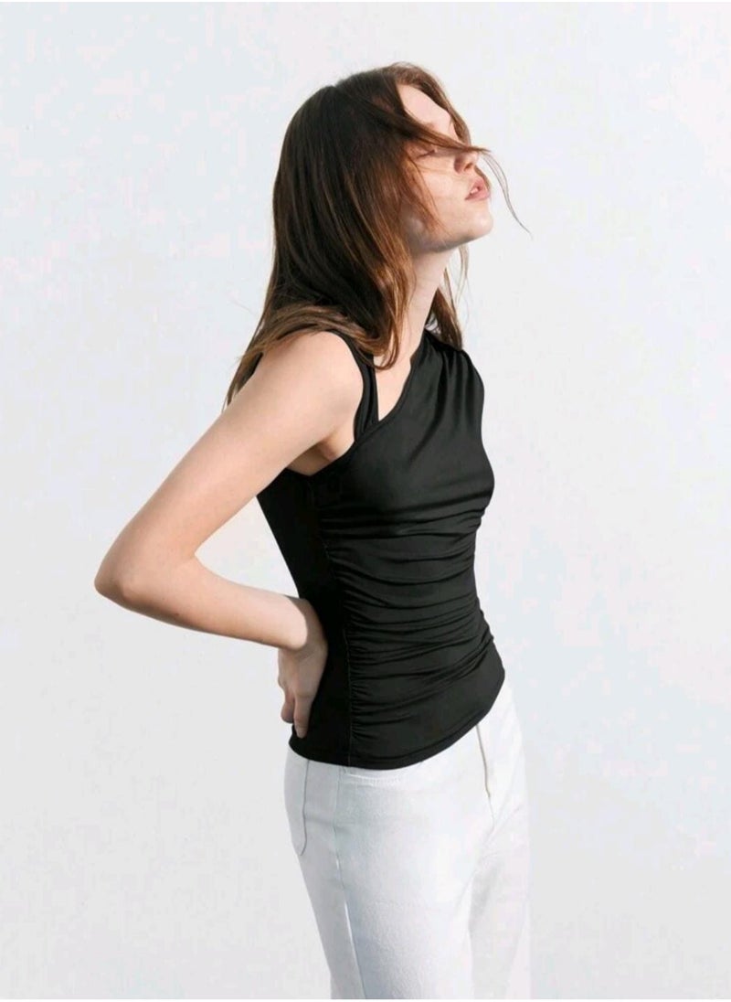 Shein - Maija Women's Solid Color Asymmetric Collar Ruched Tank Top With Shoulder Cutouts - Image 1