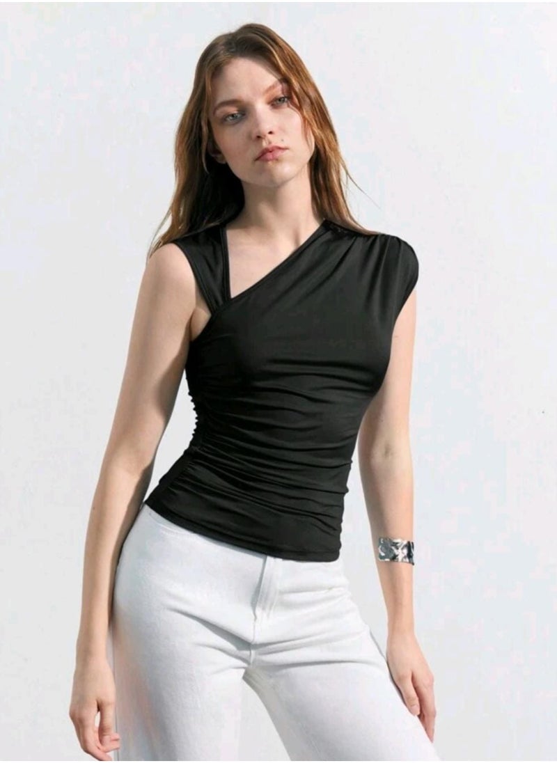 Shein - Maija Women's Solid Color Asymmetric Collar Ruched Tank Top With Shoulder Cutouts - Image 1