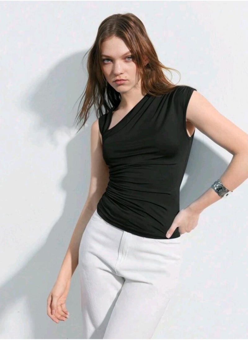 Shein - Maija Women's Solid Color Asymmetric Collar Ruched Tank Top With Shoulder Cutouts - Image 1