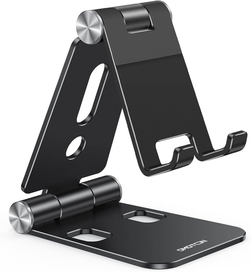 Omoton Foldable Cell Phone Stand, C4 Portable Aluminum Phone Holder, Adjustable Phone Dock Cradle Compatible with iPhone 17/16/15 Pro Max, Samsung Galaxy, Small Tablets and Other Phones, Black - Image 1