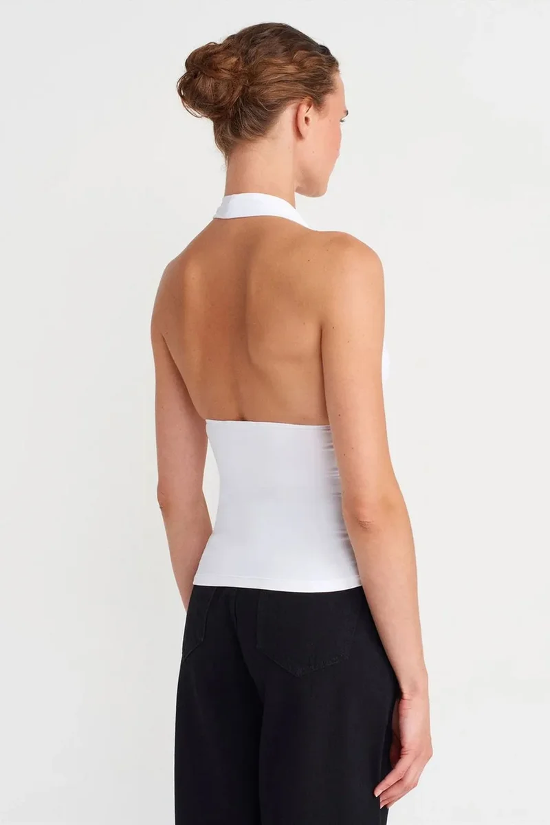 Dilvin White DILVIN Slim-fit Halterneck Blouse for Women | Best Price UAE