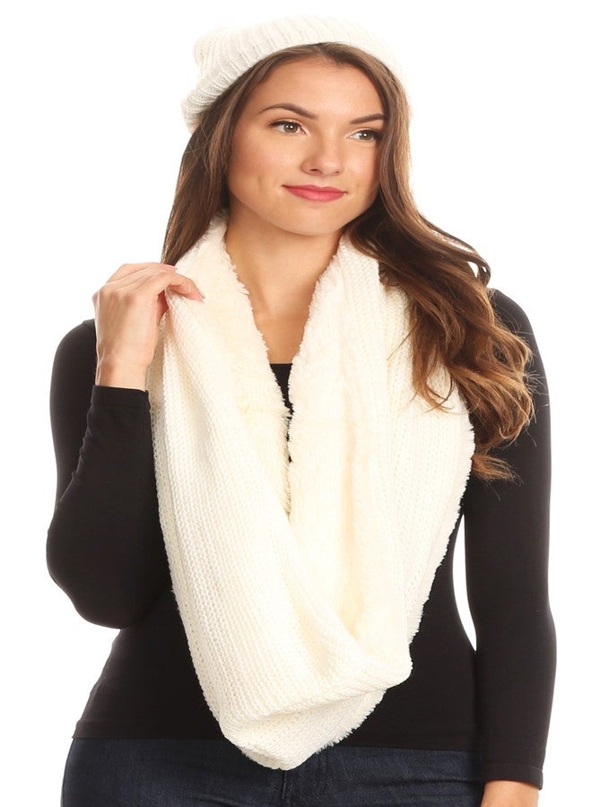 Sakkas 16139 - Balencia Cool Girl Long Wide Soft Fur Lined Infinity Scarf Beanie Hat Set - White - OS - Image 1