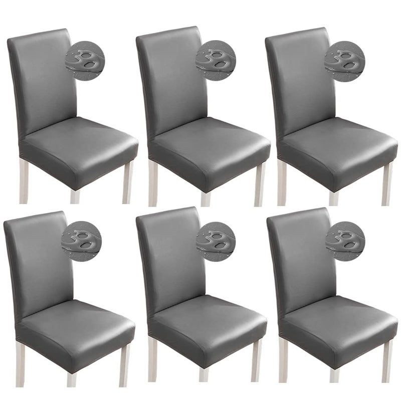 Shukii Stretch Dining Chair Covers  Waterproof PU Leather Slipcovers  Universal Chair Protectors for Dining Room Kitchen Hotel Set of 6 Gray
