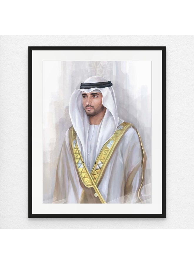 Art Decor Framed Fine Art of Sheikh Hamdan Bin Mohammed Bin Rashid Al Maktoum Portrait UAE Wall Art with Matt Board Print Wall Decor for Home Living Room Office Gifting - Image 1