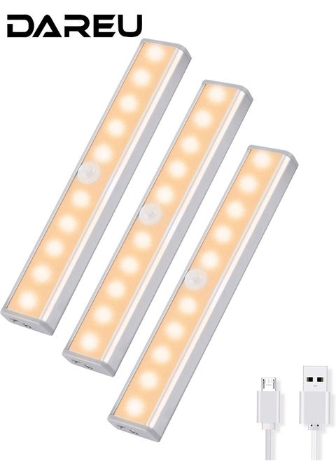 Motion Sensor LED Night Lights, USB Rechargeable Closet Lighting, Warm White, Stick-on Anywhere with Magnetic & Adhesive Mount, 3-Pack, 10 LEDs for Wardrobe, Bathroom, Hallway, Storage Spaces