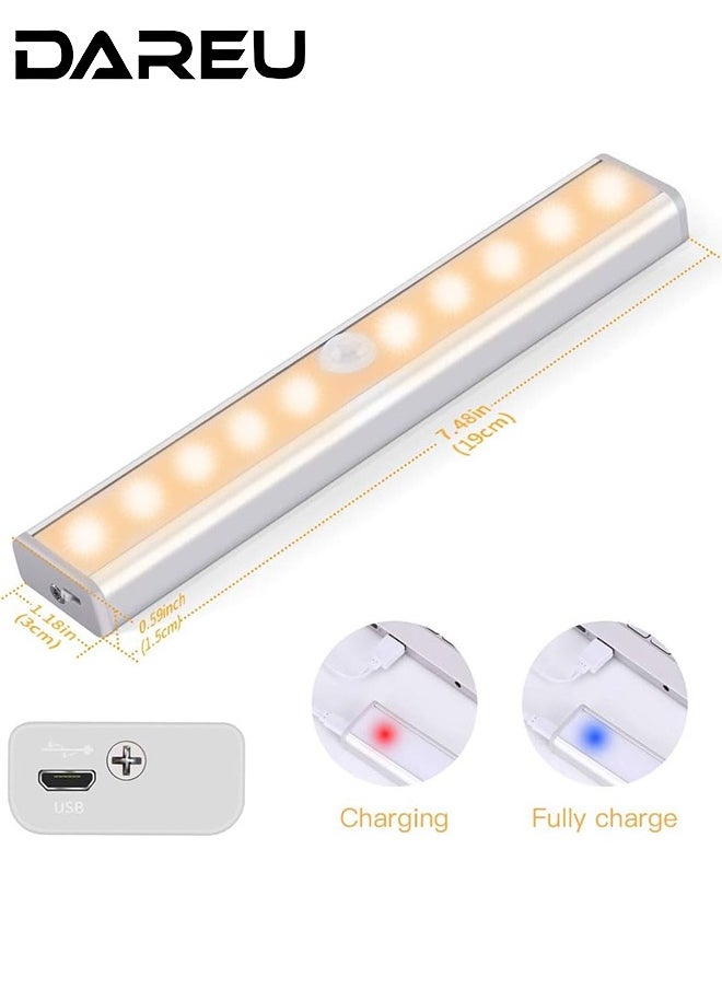 Motion Sensor LED Night Lights, USB Rechargeable Closet Lighting, Warm White, Stick-on Anywhere with Magnetic & Adhesive Mount, 3-Pack, 10 LEDs for Wardrobe, Bathroom, Hallway, Storage Spaces