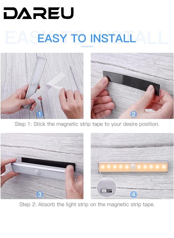 Motion Sensor LED Night Lights, USB Rechargeable Closet Lighting, Warm White, Stick-on Anywhere with Magnetic & Adhesive Mount, 3-Pack, 10 LEDs for Wardrobe, Bathroom, Hallway, Storage Spaces