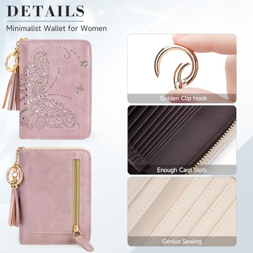 KITEVIUN Women RFID Blocking Small Bifold Wallet, Compact Cash Clutch with Zipper Coin Pocket, Glittery Butterfly Design, Credit Card Holder, Travel Purse with Tassel PURPLE - Image 3
