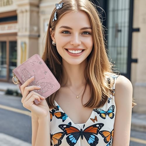 KITEVIUN Women RFID Blocking Small Bifold Wallet, Compact Cash Clutch with Zipper Coin Pocket, Glittery Butterfly Design, Credit Card Holder, Travel Purse with Tassel PURPLE - Image 4