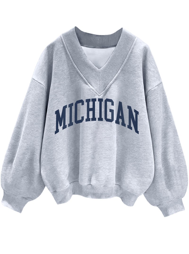 Hilinker Womens Oversized Graphic Sweatshirts Pullover V Neck Cute Long Sleeve Tops Fall Winter Grey MICHIGAN X-Large - Image 1