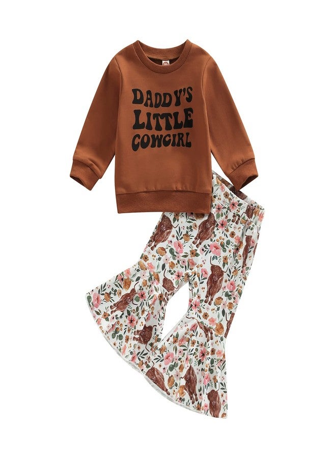 Karuedoo Toddler Baby Girl Western Outfit Letter Print Crewneck Sweatshirt Top Cow Flared Pants Set 2PCS Fall Winter Outfits(Cowgirl, 3-4 Years) - Image 1