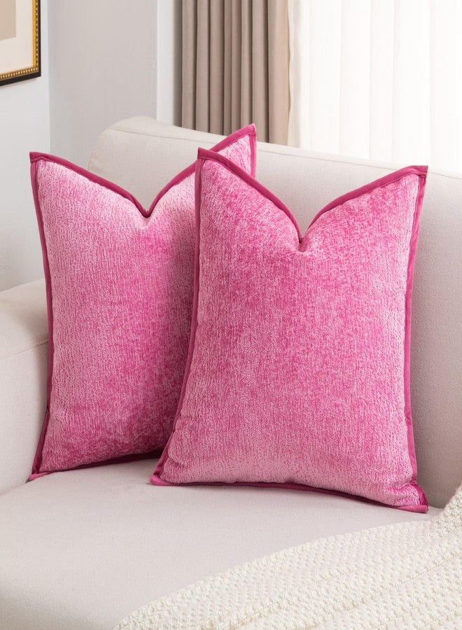FUTEI Hot Pink Chenille Throw Pillow Covers 18x18 Inch Set of 2,Soft Cozy Bound Edge Design Cushion Case,Home Decor for Couch Bed Living Room - Image 1