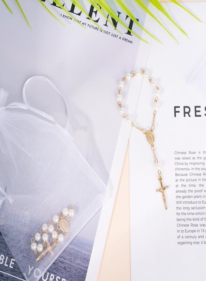 Sploziia 30Pcs Mini Rosary Beads Ivory Color Faux Pearls Gold Plated Cross Bracelet Rosaries in Bulk with Gift Bags Communion Decorations Baptism Favors for Guests Women Christening Weddings Party - Image 3