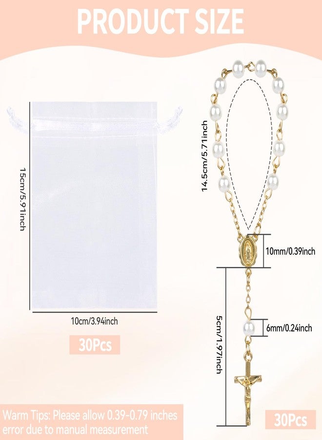 Sploziia 30Pcs Mini Rosary Beads Ivory Color Faux Pearls Gold Plated Cross Bracelet Rosaries in Bulk with Gift Bags Communion Decorations Baptism Favors for Guests Women Christening Weddings Party - Image 2