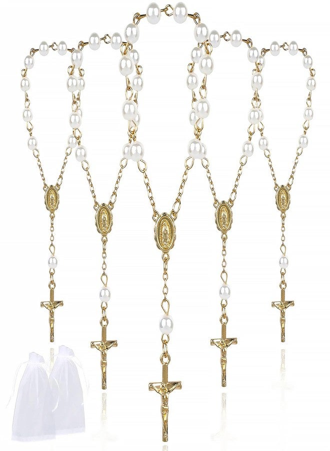 Sploziia 30Pcs Mini Rosary Beads Ivory Color Faux Pearls Gold Plated Cross Bracelet Rosaries in Bulk with Gift Bags Communion Decorations Baptism Favors for Guests Women Christening Weddings Party - Image 1