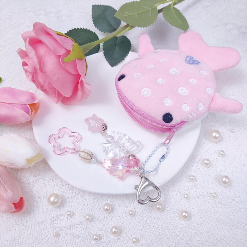 Nalefow Cute Keychain Whale Shark Coin Purse Keychain Cute Plush Zipper Change Pouch, Kawaii Handmade Wallet for Women (Pink) - Image 4