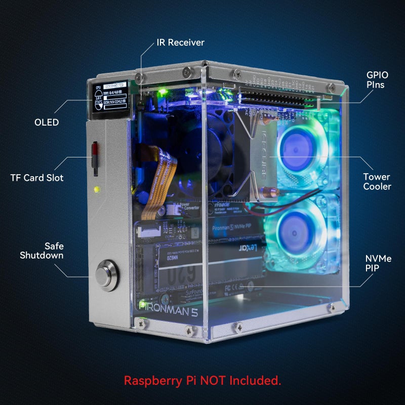 SunFounder Pironman 5 NVMe M.2 SSD PCIe 2.0/3.0 Mini PC Case for Raspberry Pi 5 Hailo-8L, AI Agent OpenClaw, Tower Cooler+Dual RGB Fans, 0.96'' OLED Module, Safe Shutdown, Standard HDMI, RGB Effect - Image 2