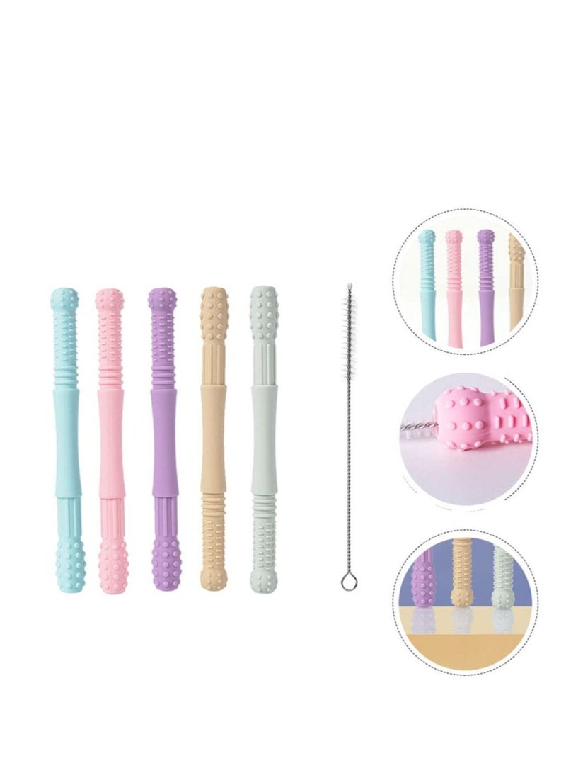1 Set Hollow Teething Tubes Soft Silicone Baby Soothing Teether Toy Sensory Chew Straw Toy Molar Sticks with Cleaning Brush for Infants Nursing Biting Chewing - Image 5