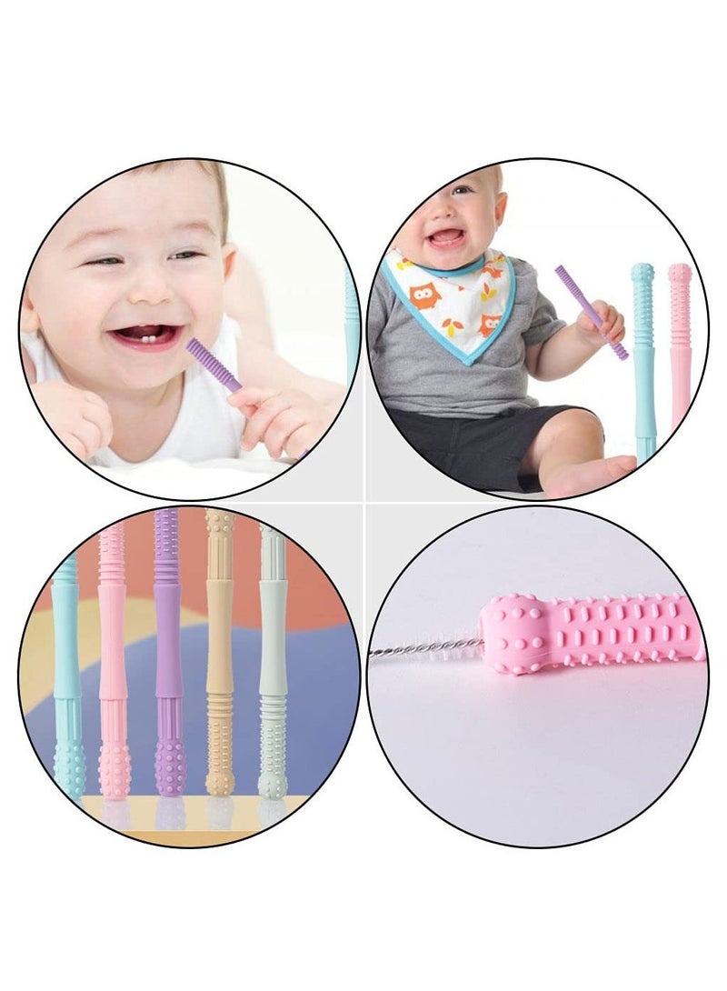 1 Set Hollow Teething Tubes Soft Silicone Baby Soothing Teether Toy Sensory Chew Straw Toy Molar Sticks with Cleaning Brush for Infants Nursing Biting Chewing - Image 2