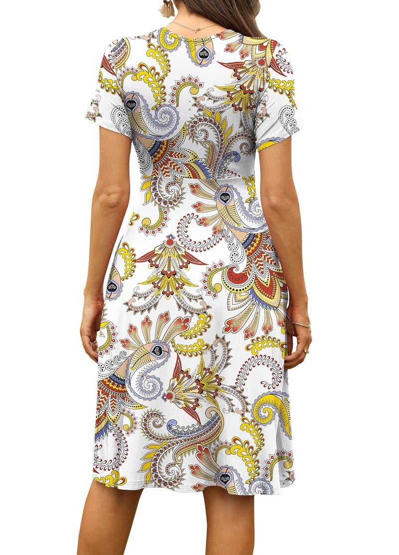 WEACZZY Summer Dresses for Women 2025 A Line Floral Sundress Empire Waist Graduation Flowy Dress with Pockets,Floral Feather White,XL - Image 4