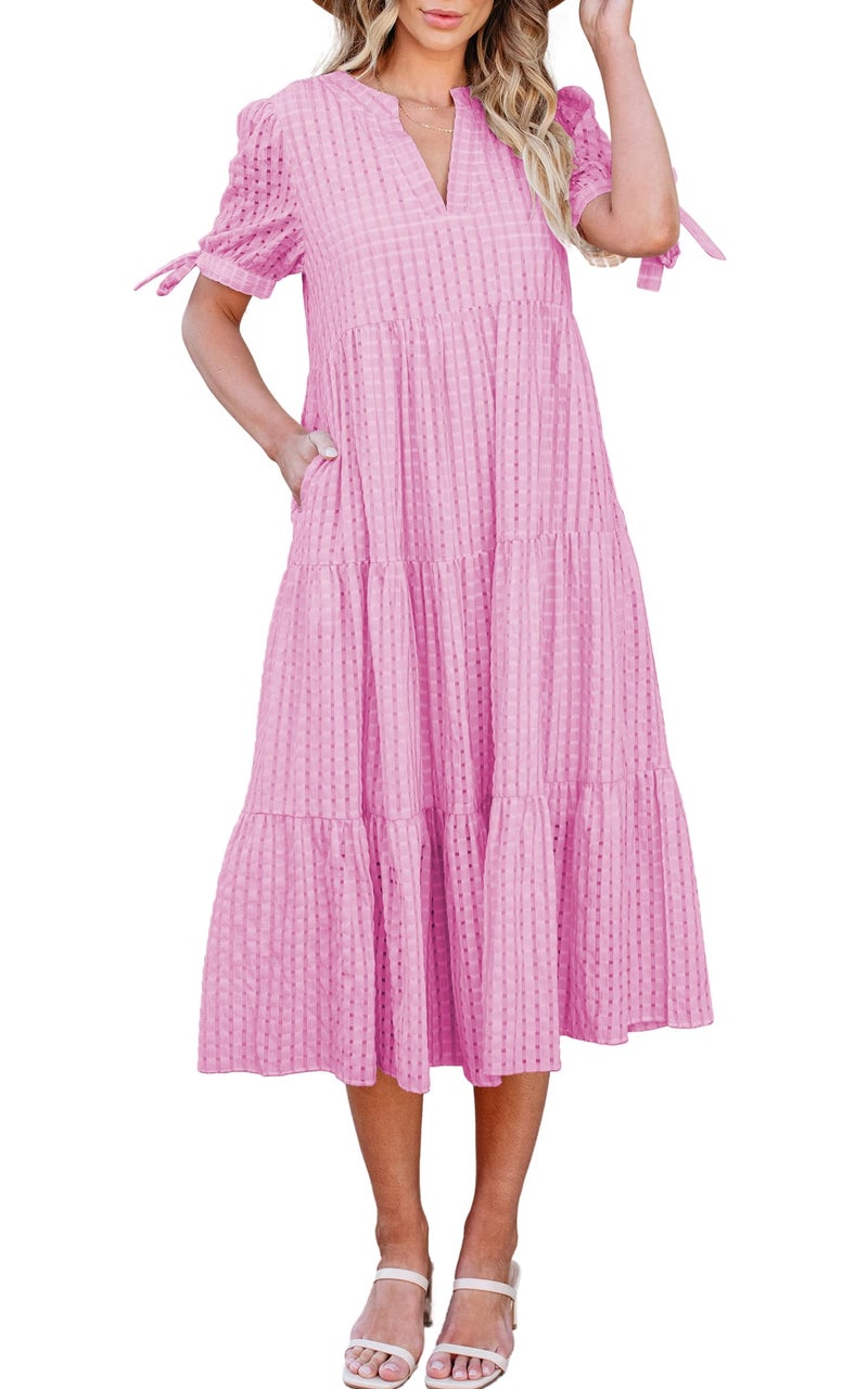 ECOWISH Women Summer Casual Dress - V Neck Short Sleeve Midi Pleated Tiered Plaid Loose Beach Holiday Picnic Dresses Rose Pink Medium - Image 1