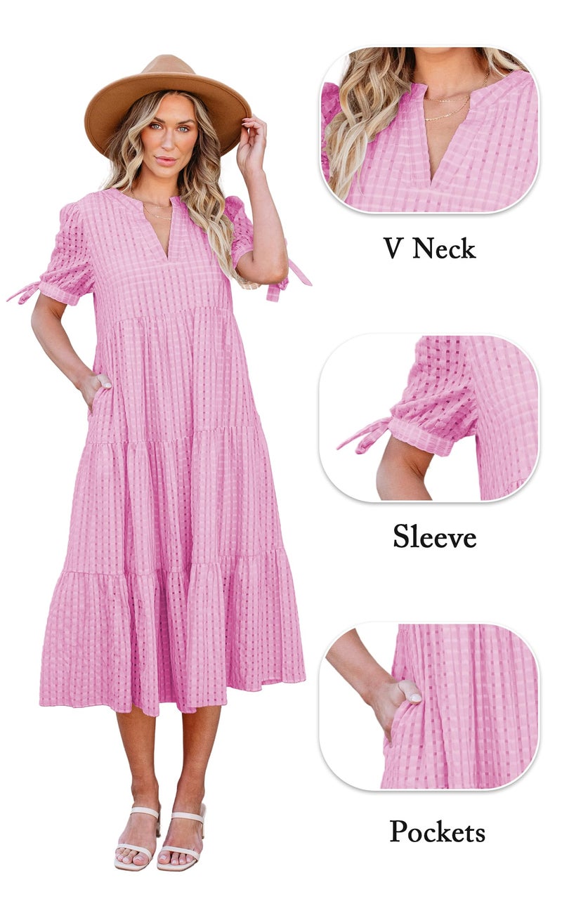 ECOWISH Women Summer Casual Dress - V Neck Short Sleeve Midi Pleated Tiered Plaid Loose Beach Holiday Picnic Dresses Rose Pink Medium - Image 4