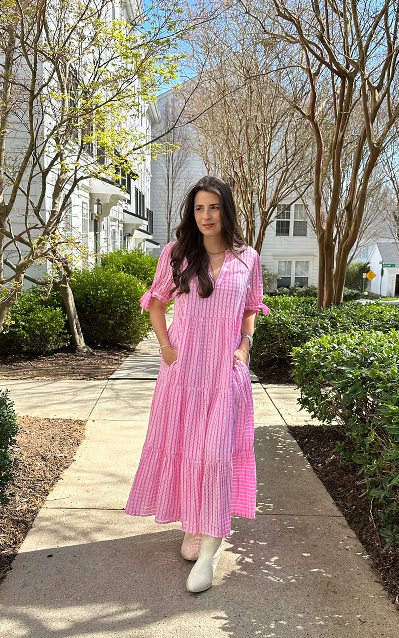 ECOWISH Women Summer Casual Dress - V Neck Short Sleeve Midi Pleated Tiered Plaid Loose Beach Holiday Picnic Dresses Rose Pink Medium - Image 2