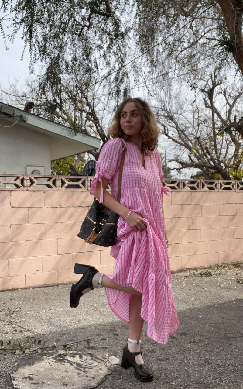 ECOWISH Women Summer Casual Dress - V Neck Short Sleeve Midi Pleated Tiered Plaid Loose Beach Holiday Picnic Dresses Rose Pink Medium - Image 3