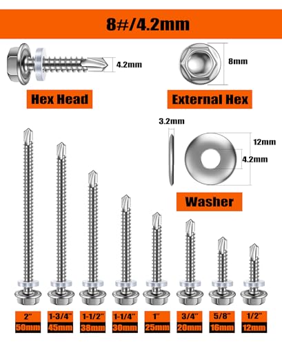SUNEKE (80Pcs)#8 * 2"(4.2mm*50mm) Suneke 410 Stainless Steel Self-Drilling TEK Screws, Hex Washer Head with EPDM Waterproof Washers，External Hex Drive, Includes Drill Bit & Storage Box - Image 3