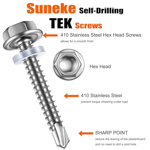 SUNEKE (80Pcs)#8 * 2"(4.2mm*50mm) Suneke 410 Stainless Steel Self-Drilling TEK Screws, Hex Washer Head with EPDM Waterproof Washers，External Hex Drive, Includes Drill Bit & Storage Box - Image 2