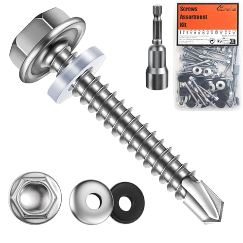 SUNEKE (80Pcs)#8 * 2"(4.2mm*50mm) Suneke 410 Stainless Steel Self-Drilling TEK Screws, Hex Washer Head with EPDM Waterproof Washers，External Hex Drive, Includes Drill Bit & Storage Box - Image 1