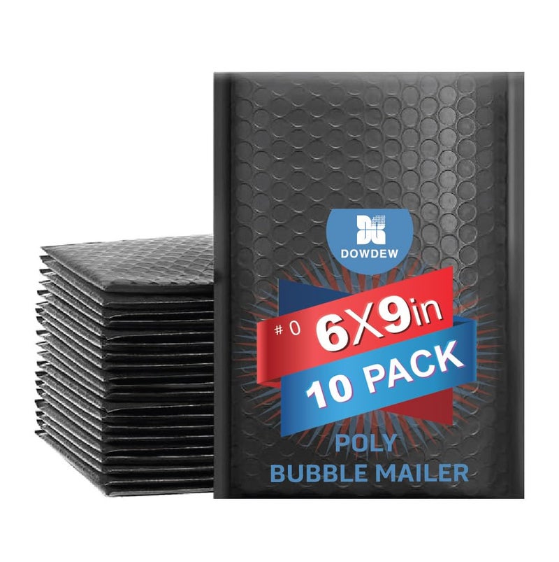 DowDew Water Resistant Bubble Envelope Mailers [10 Pack] 6 inch x 9 inch #0 Black Poly Padded Shipping Envelopes Self Sealing Cushioned Packaging Bags - Image 1