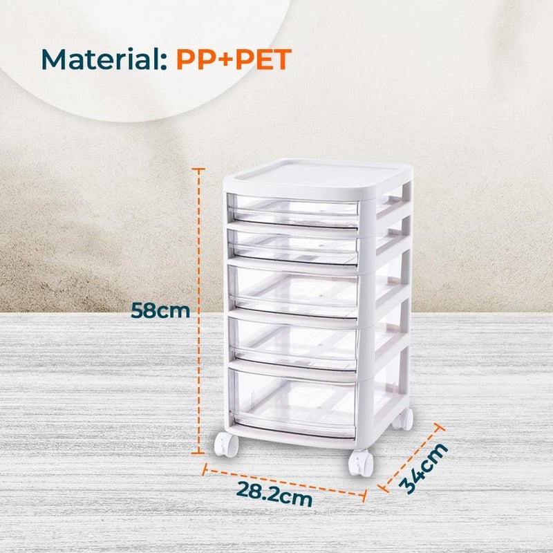 Kuber Industries Kuber Industries 5 Layer Cosmetic Cabinet with Trolley5Tier Rolling CartShelf Stand With DrawerWhite - Image 2