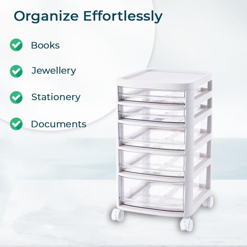 Kuber Industries Kuber Industries 5 Layer Cosmetic Cabinet with Trolley5Tier Rolling CartShelf Stand With DrawerWhite - Image 4