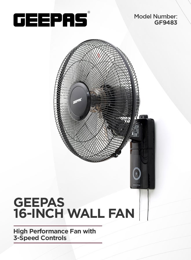 16" Wall Fan| High Performance Fan with 3-Speed Controls, 5 Leaf Blades and 2 Pull String Cords| Adjustable Tilt Angle and Efficient Cooling| High Performance Motor for High Speed Wind| 2 Years Warranty 60 W GF9483N Black