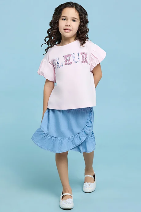 R&B Washed Denim Skirt with Elastic Waist