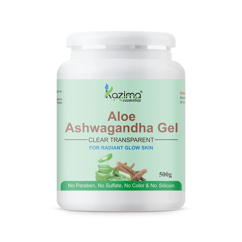 KAZIMA Aloe Ashwagandha Gel for Skin and Hair 500gm with Ashwagandha and Pure Aloe Vera for Soothing Hydrating and Moisturizing Rejuvenating Gel for Irritated Skin