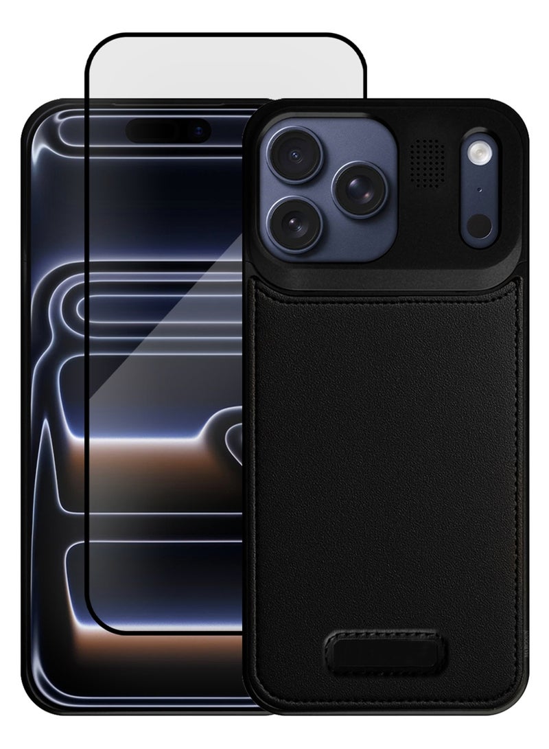 2 Pieces of Luxury Leather Aluminum Alloy Aromatherapy Case for iPhone 17 Pro Max - MagSafe Compatible - Shockproof - Camera Lens Protection - with 3D Screen Protector - Black - Image 1