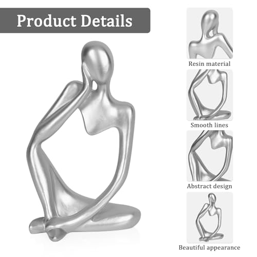 Ozzptuu Sandstone Resin Thinker Style Abstract Sculpture Statue Collectible Figurines Home Office Bookshelf Desktop Decor (Small Silver, Left) - Image 4