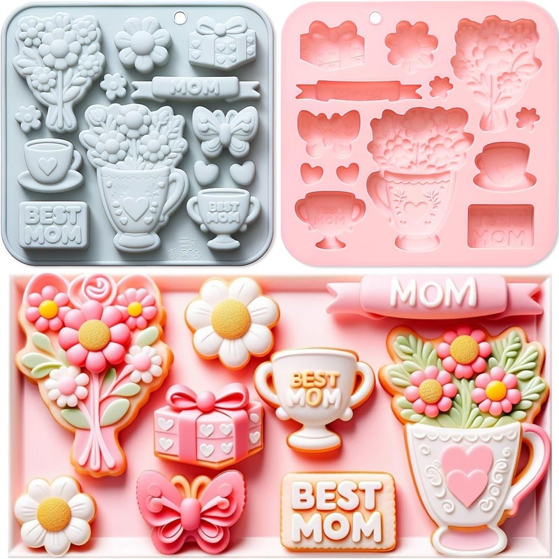 2 Pcs 3D Flower Silicone Mold Food Grade Fondant Cake Chocolate Candy Baking Tool For Cupcake Topper Soap Wax Polymer Clay Craft Non Stick Reusable Kitchen Supplies - Image 1