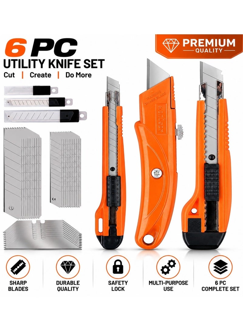 دا ارتفول بليند مجموعة سكاكين متعددة الاستخدامات قابلة للسحب مكونة من 6 قطع مع 30 شفرة بديلة من فولاذ SK5 - سكاكين تقطيع كرتون شديدة التحمل (9 مم، 18 مم، 19 مم) - قواطع شفرات قابلة للكسر للكرتون والسجاد والبلاستيك والأعمال اليدوية والتغليف ومشاريع DIYV - Image 1