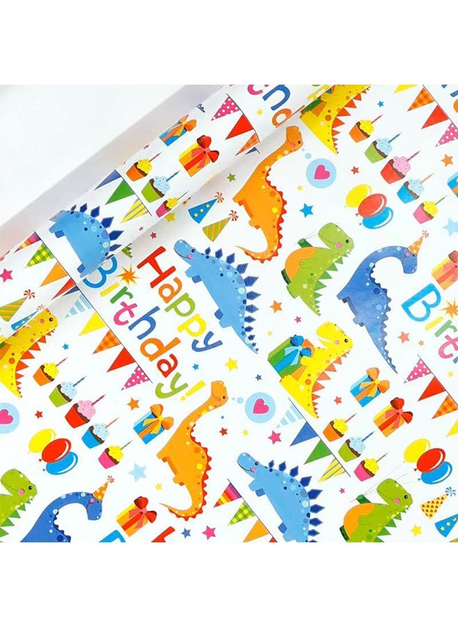 Zeemey Wrapping Paper Rolls - 3 Rolls 17” x 120” Happy Birthday Wrapping Paper Kids Wrapping Paper Rolls Boy Dinosaur Gift Wrap Paper Dinosaur Party Favor Happy Bday Wrap(43*300cm)  - Image 4
