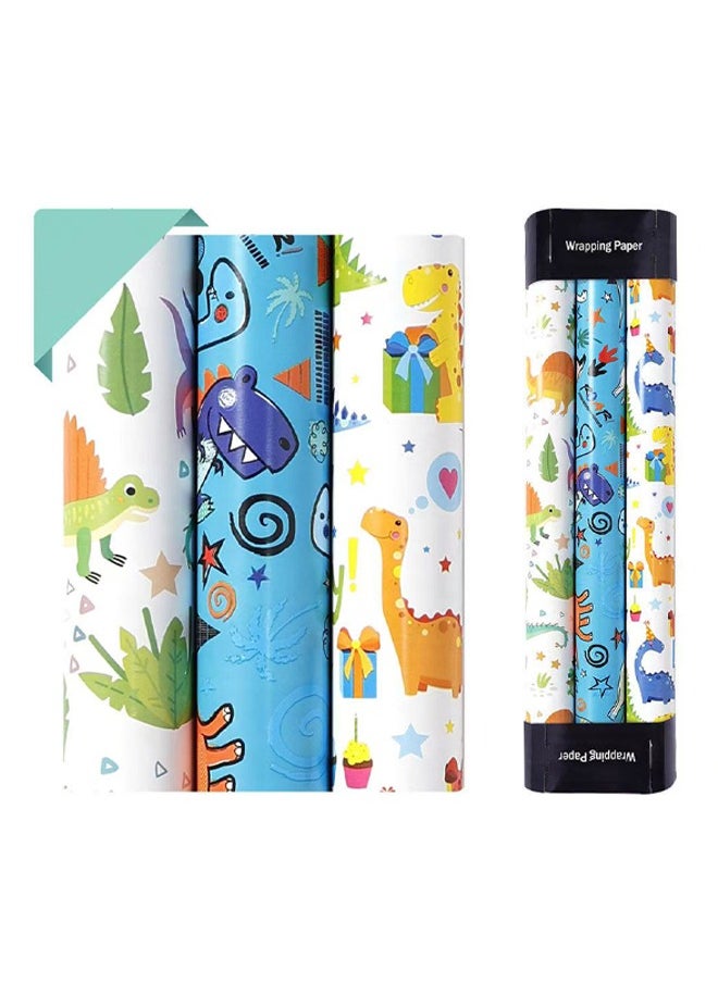 Zeemey Wrapping Paper Rolls - 3 Rolls 17” x 120” Happy Birthday Wrapping Paper Kids Wrapping Paper Rolls Boy Dinosaur Gift Wrap Paper Dinosaur Party Favor Happy Bday Wrap(43*300cm)  - Image 1