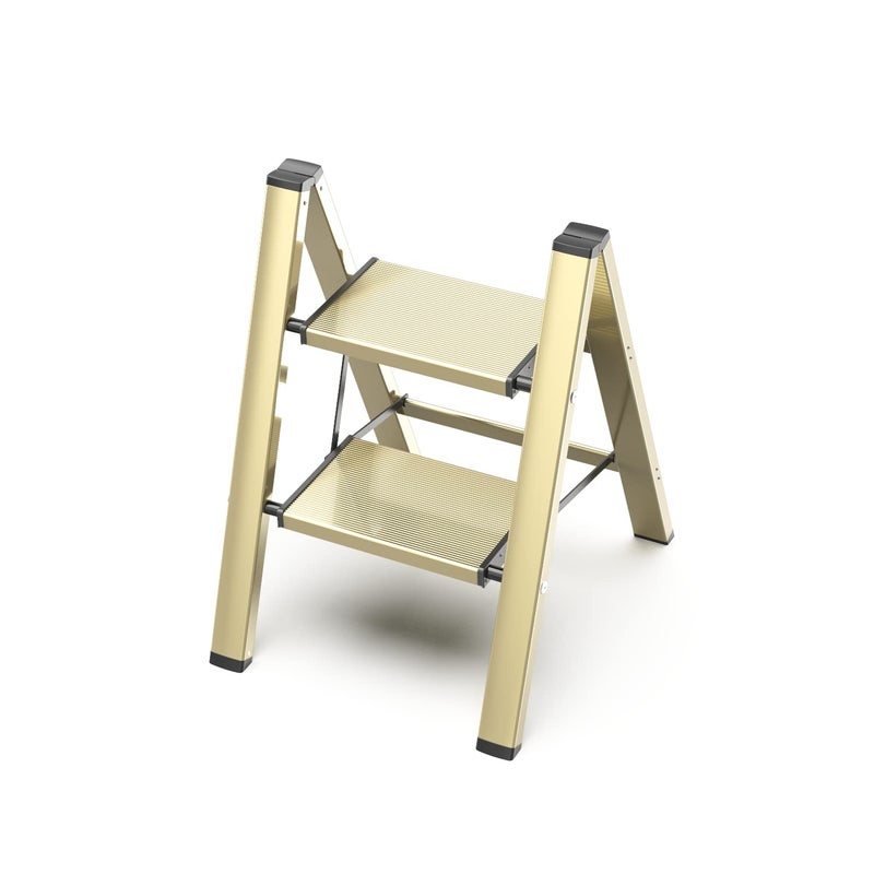 GameGem 2 Step Ladder Aluminum Folding Step Stool with AntiSlip Sturdy and Wide Pedal Lightweight Portable MultiUse Stepladder for Home and Kitchen Use Space Saving Gold 330 lbs