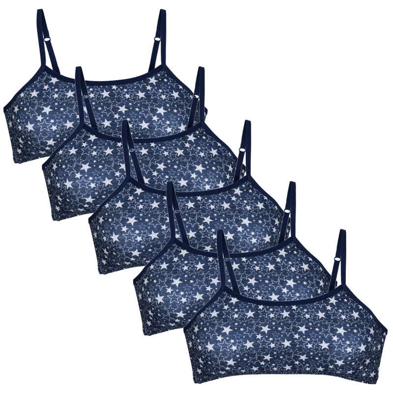 Popular Cotton Girls Training Bra - Crop Cami Training Bras for Girls w Adjustable Straps. Bra Pack 5 PK Navy Stars 7/8 - Image 1