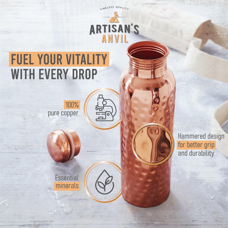 Artisan's Anvil Copper Water Bottle - 32oz - Versatile and Travel-Friendly Pure Copper Water Bottle â€“ Ayurvedic Copper Drinking Bottle for Women and Men â€“ Wide Mouth Design â€“ Carrying Canvas Bag - Image 2