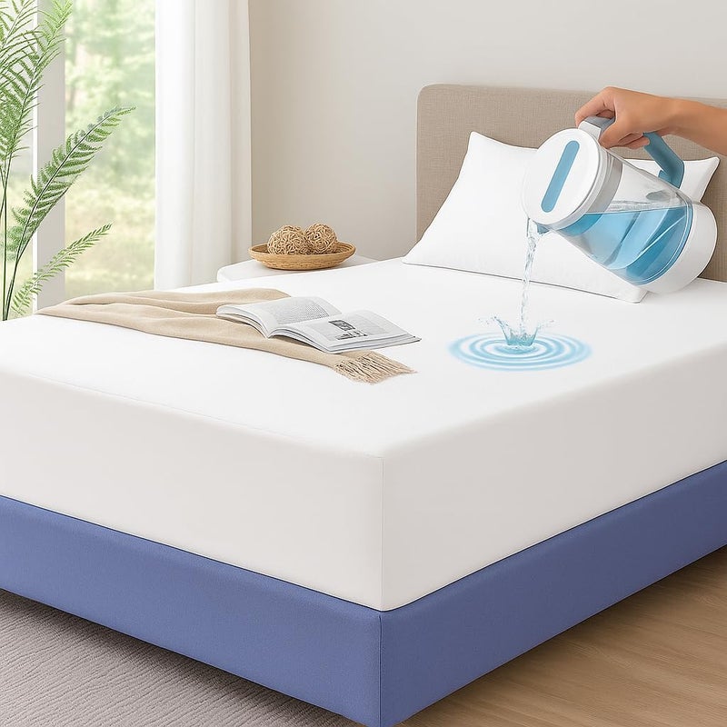 King Waterproof Mattress Protector, Breathable King Size Mattress Protector Fitted Sheet, 360° Deep Pocket Fitted Mattress Cover Waterproof Washable for Machine, White (160 x 200 cm) - Image 1