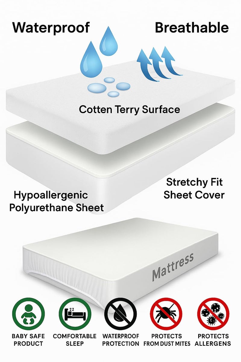 King Waterproof Mattress Protector, Breathable King Size Mattress Protector Fitted Sheet, 360° Deep Pocket Fitted Mattress Cover Waterproof Washable for Machine, White (160 x 200 cm) - Image 2