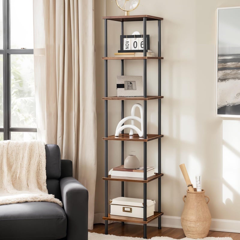 HOOBRO 6-Tier Corner Shelf, Corner Square Rack Display Shelf, Tall Storage Rack Plant Stand, Bookcase for Small Spaces, Living Room, Home Office, Kitchen, Rustic Brown and Black BF55CJ01 - Image 2