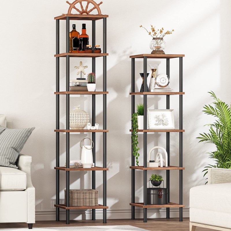 HOOBRO 6-Tier Corner Shelf, Corner Square Rack Display Shelf, Tall Storage Rack Plant Stand, Bookcase for Small Spaces, Living Room, Home Office, Kitchen, Rustic Brown and Black BF55CJ01 - Image 4